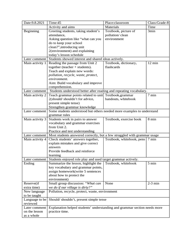 Grade 8 Environment Lesson Plan | PDF | Vocabulary | Reading Comprehension