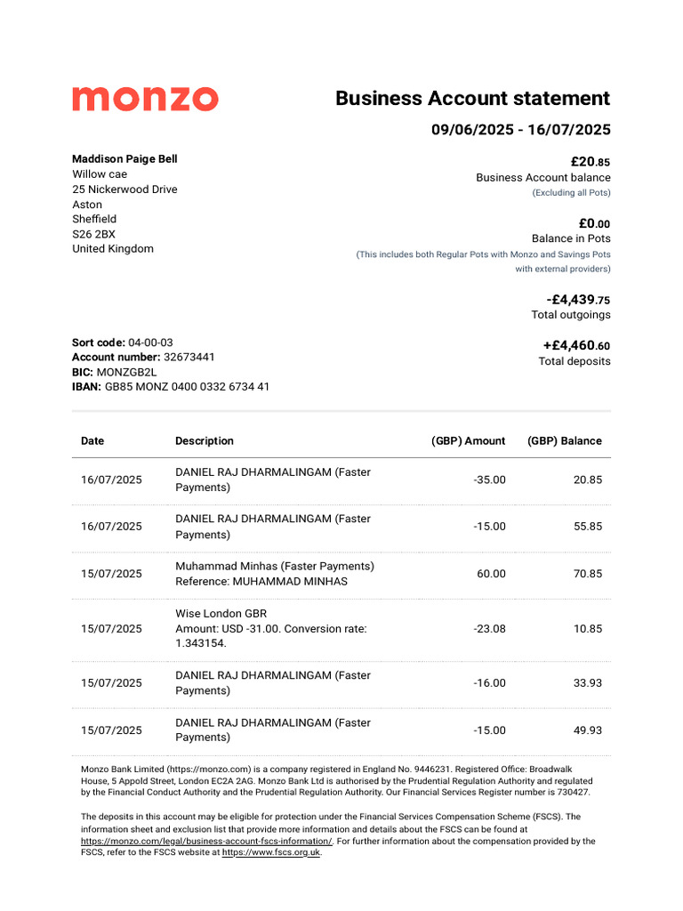 Monzo - Bank - Statement - 2025 06 09 2025 07 16 - 1454 | PDF | Money ...