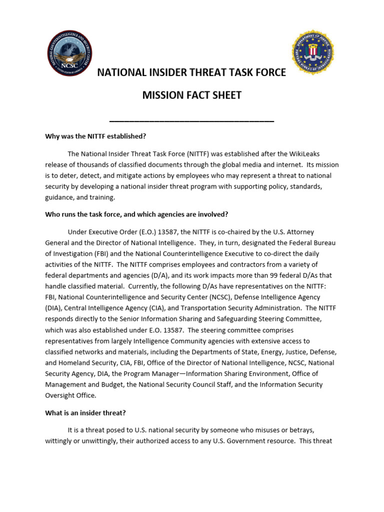NITTF Mission and Insider Threat Overview | PDF | Security | Computer ...
