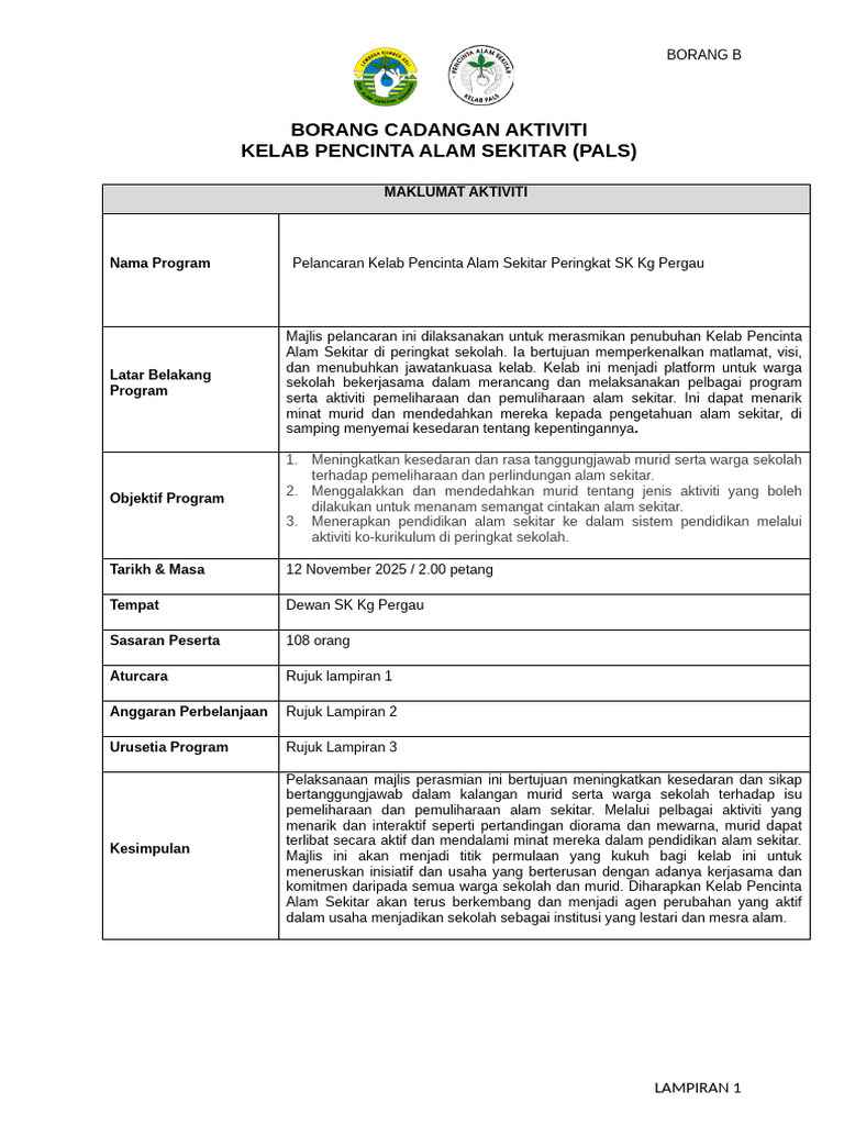 B - Borang Cadangan Aktiviti SK KG PERGAU | PDF