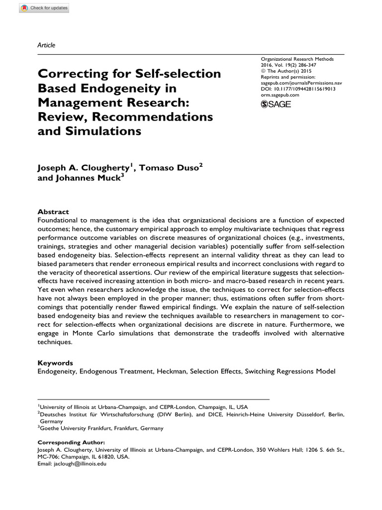 Clougherty Et Al 2015 Correcting For Self Selection Based Endogeneity ...