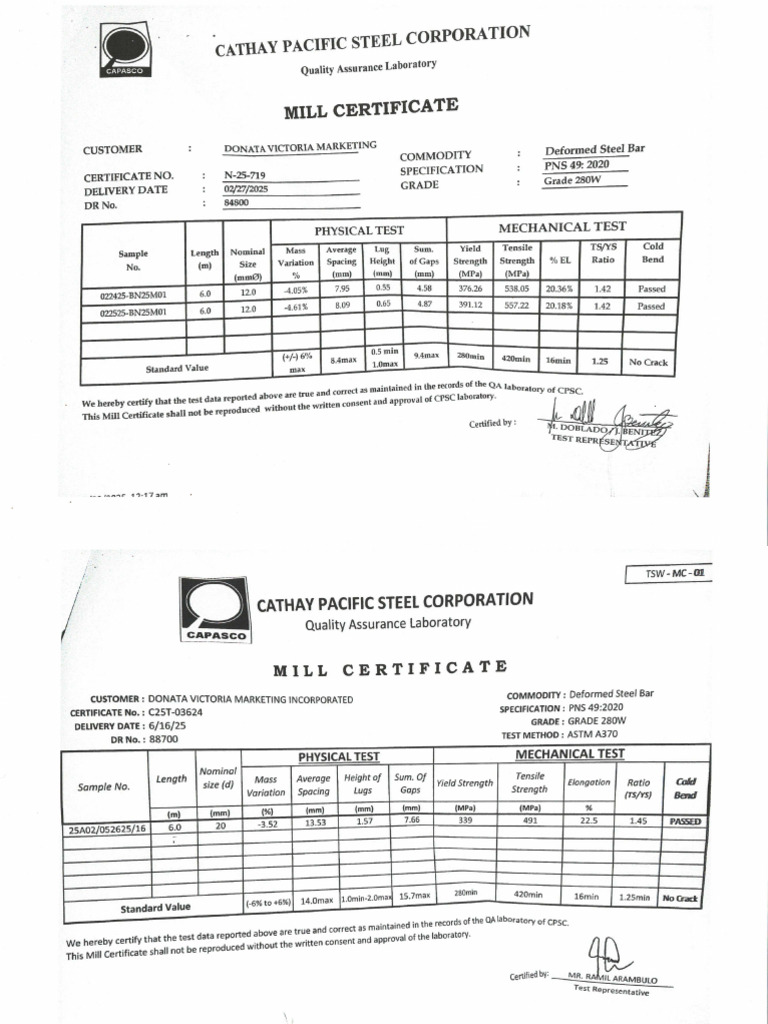 Frontier Rebar Mill Cert | PDF