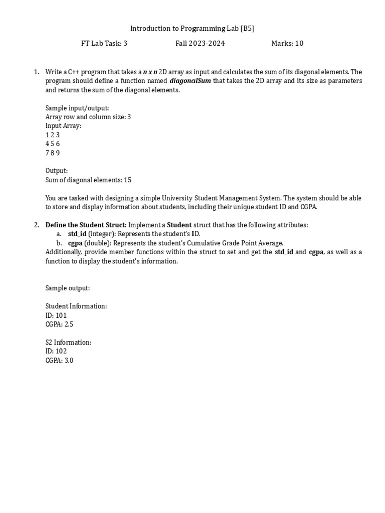 C++ Diagonal Sum & Student Management | PDF