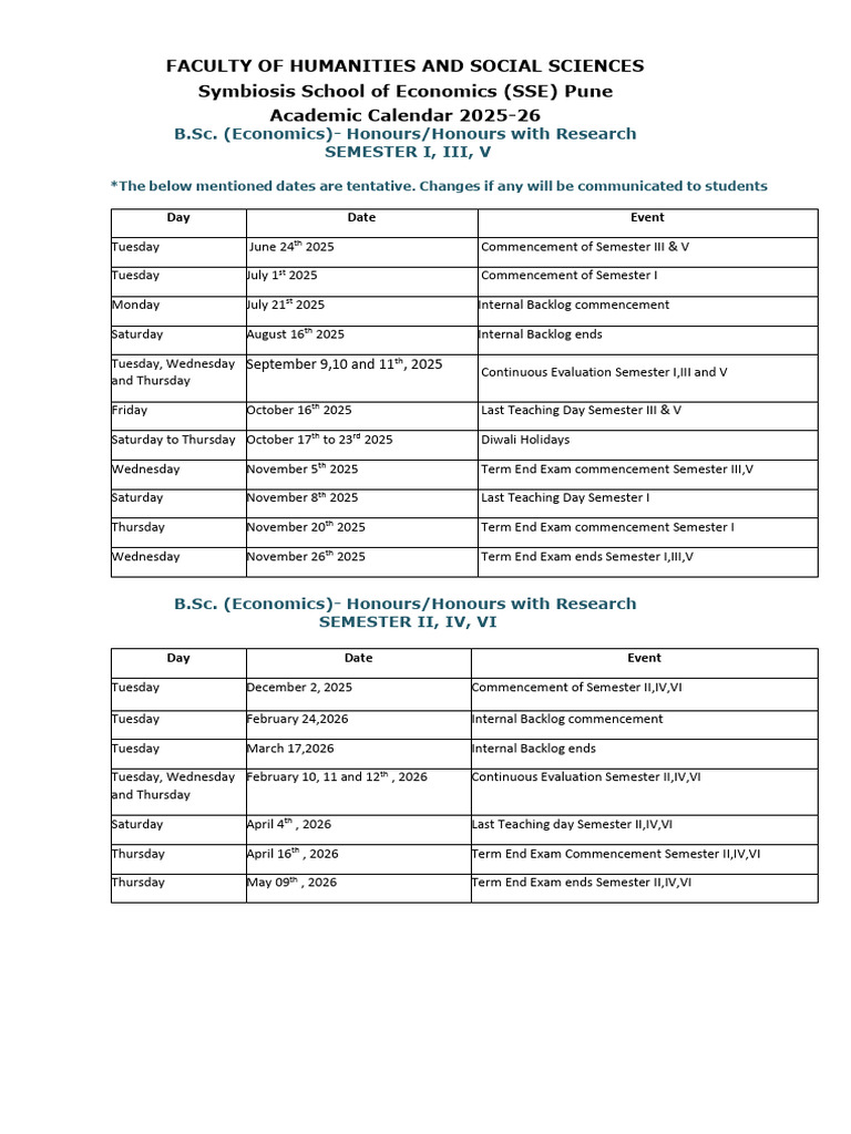 SSE Academic Calendar 2025-26 | PDF