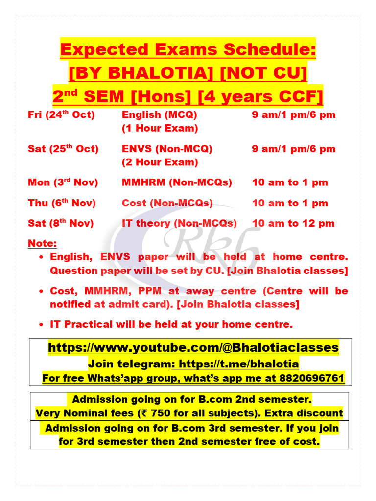 Exams Schedule 2nd Sem CCF 2025 | PDF