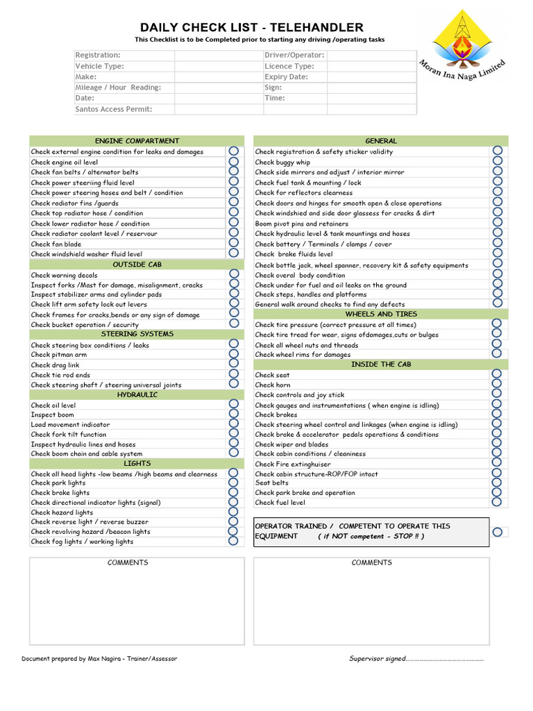 Telehandler Prestart Checklist | PDF | Steering | Vehicles