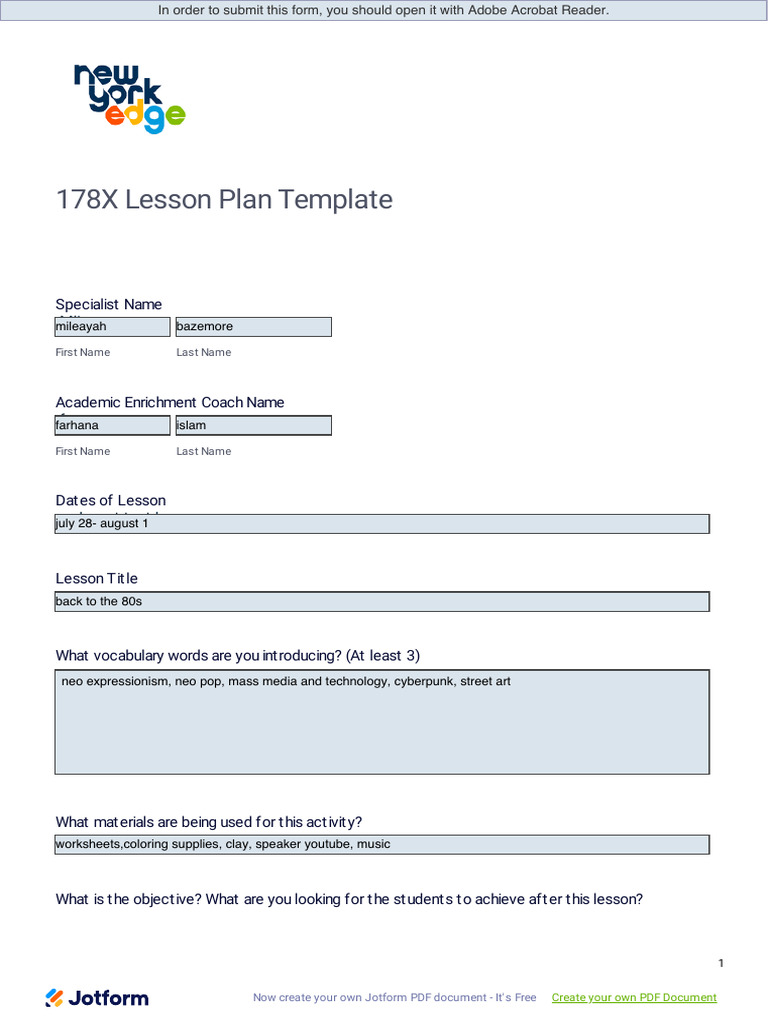 178X Lesson Plan: Back to the 80s | PDF