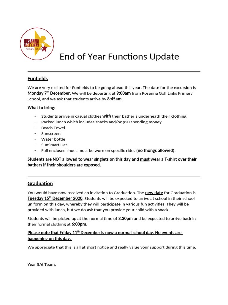 Funfields Excursion and Graduation Update | PDF