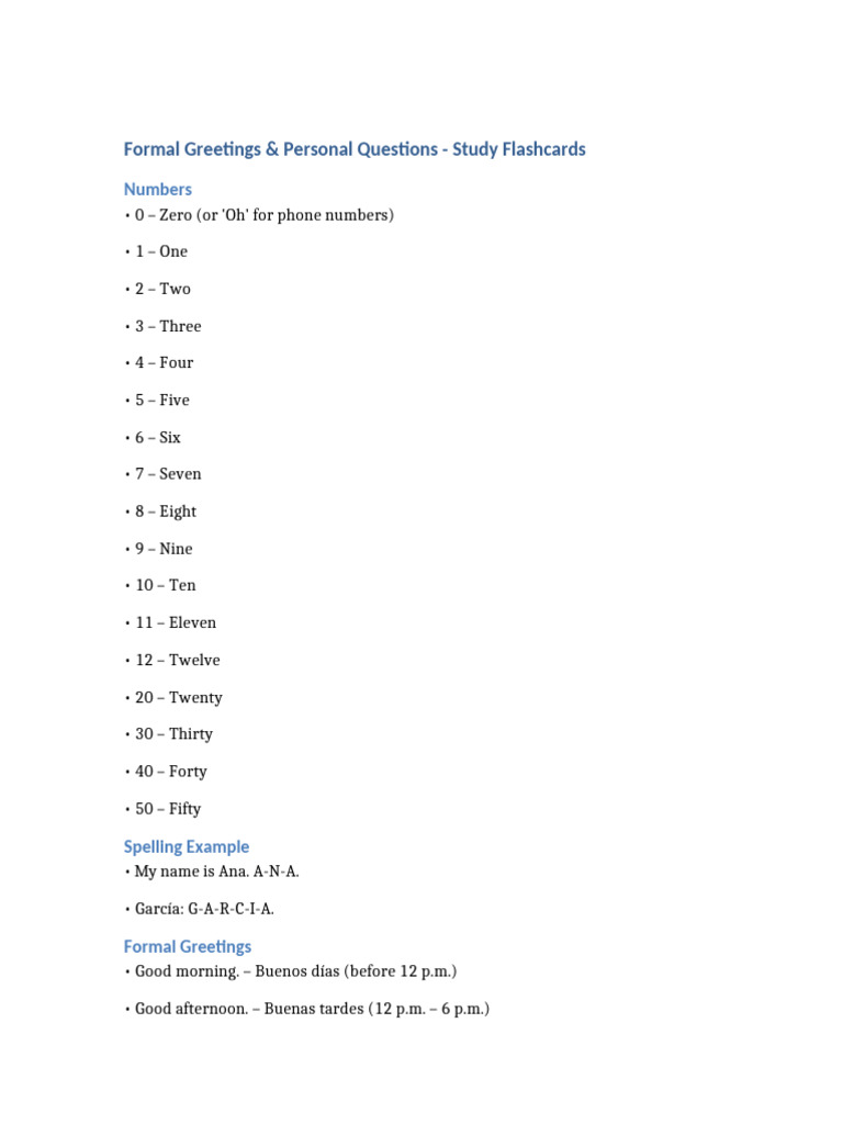 Formal Greetings and Questions Flashcards | PDF