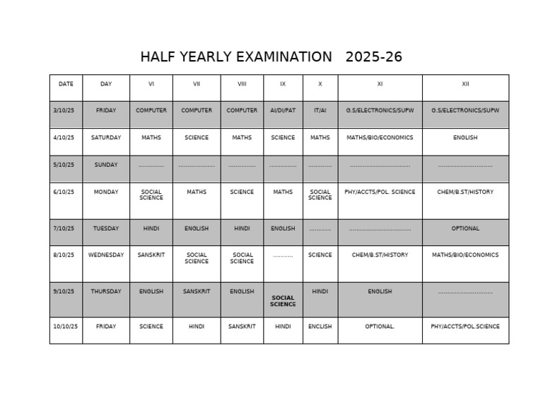 Hafele Half Yearly Exam Schedule 2025 | PDF