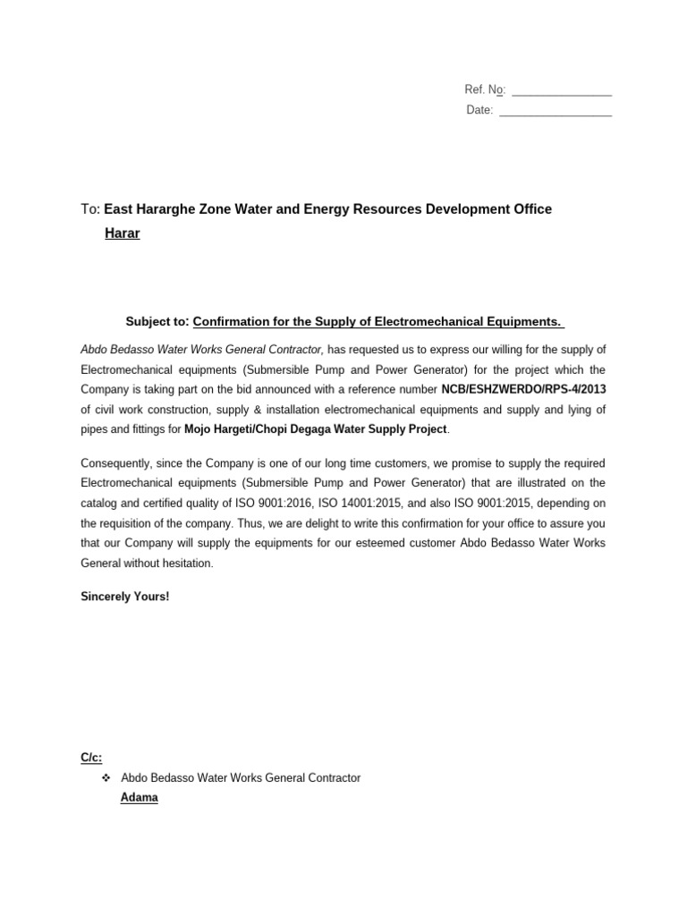Electromechanical Equipments Supply Promising Letter | PDF