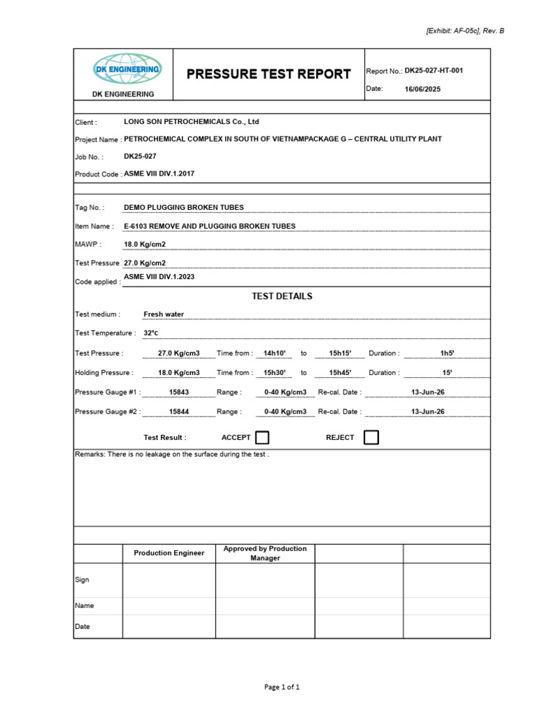 Pressure Test Report for DK25-027 | PDF
