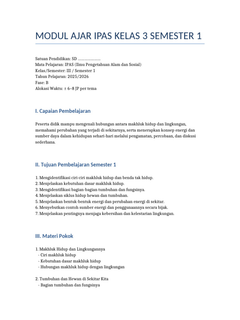 Modul Ajar IPAS Kelas 3 Semester 1 | PDF