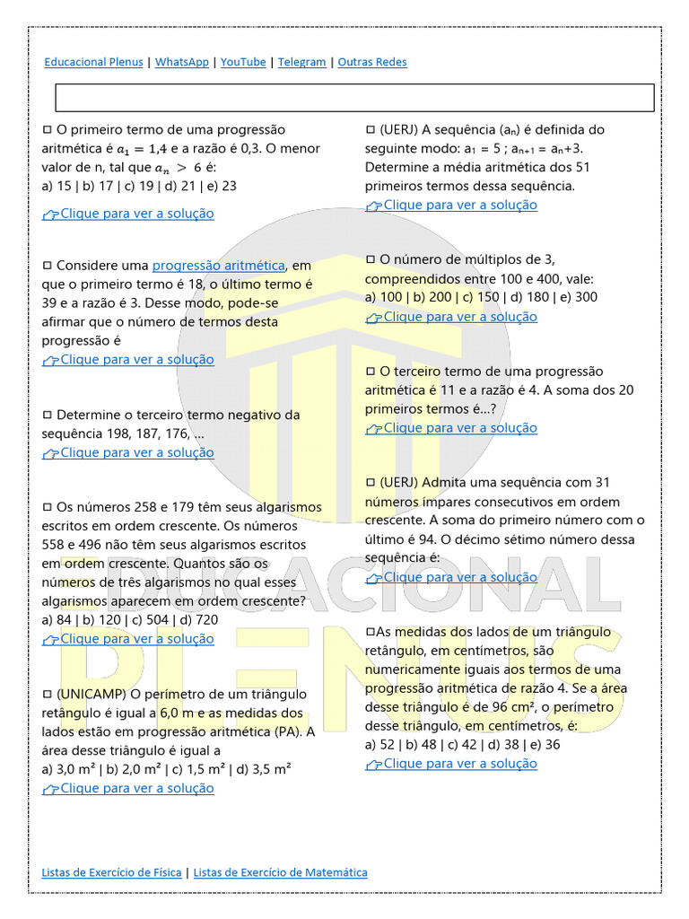 Exercícios de Progressão Aritmética | PDF | Sequência | Matemática