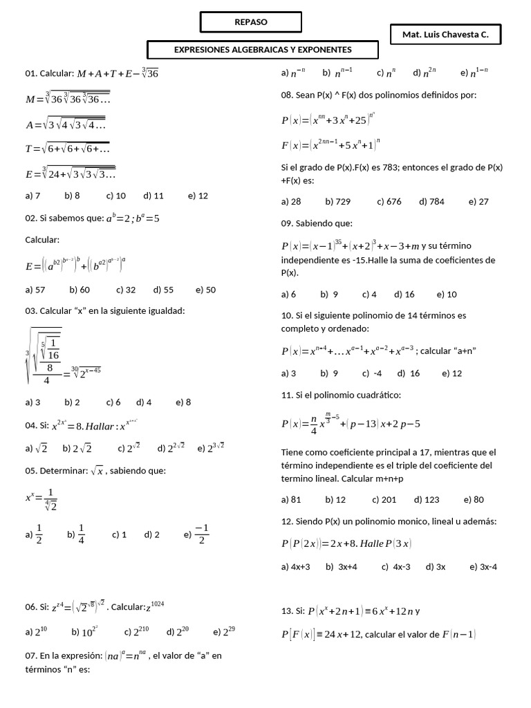Ejercicios de Álgebra y Polinomios | PDF | Objetos matemáticos ...