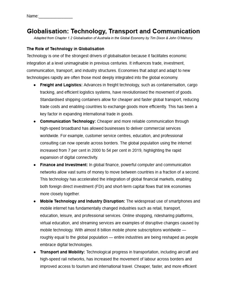 Globalisation: Technology, Transport and Communication | PDF ...