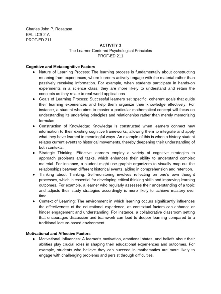 Learner-Centered Psychological Principles | PDF | Motivational | Motivation