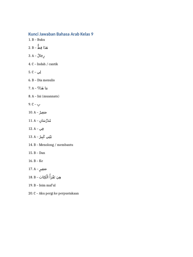 Kunci Jawaban Bahasa Arab Kelas 9 | PDF