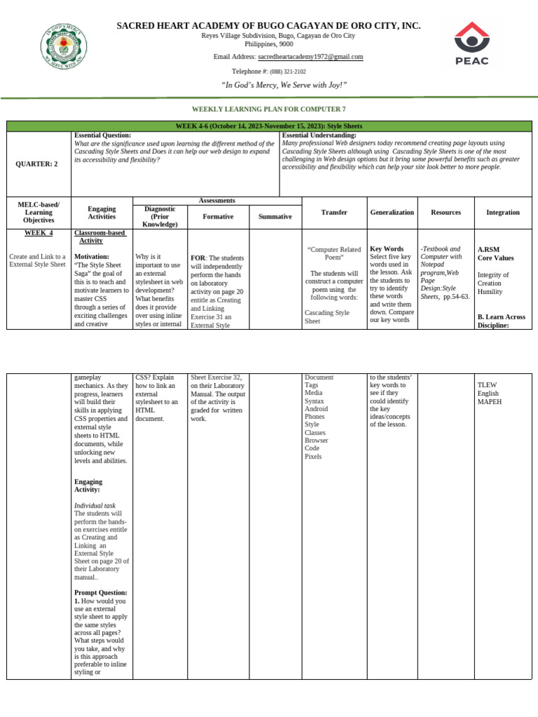Computer 7 Weekly Learning Plan: CSS | PDF | Html | Web Development