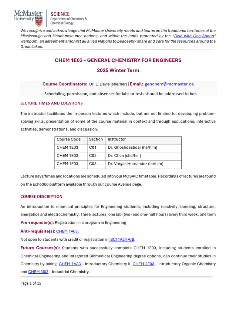 McMaster CHEM 1E03 Course Overview | PDF | Chemical Equilibrium | Chemistry