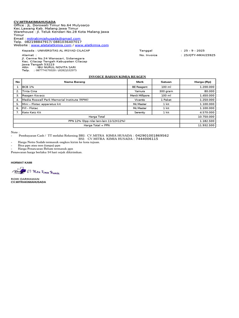 Invoice Bahan Kimia CV. Mitra Kimiah | PDF