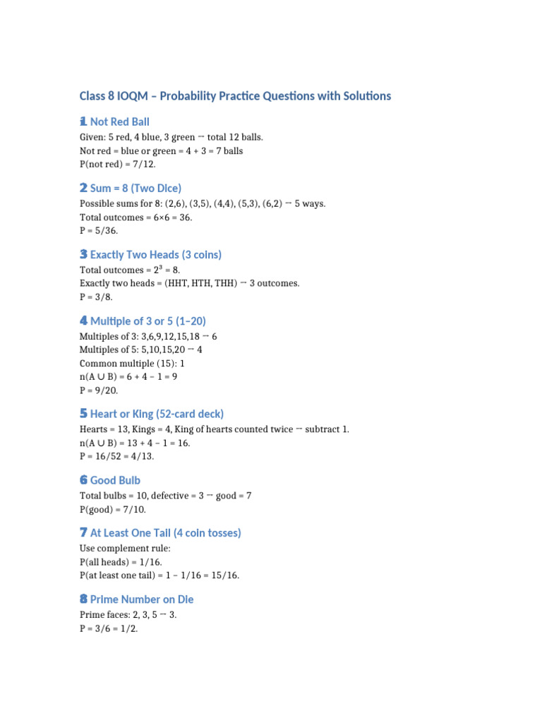 Class 8 Probability Practice Questions | PDF