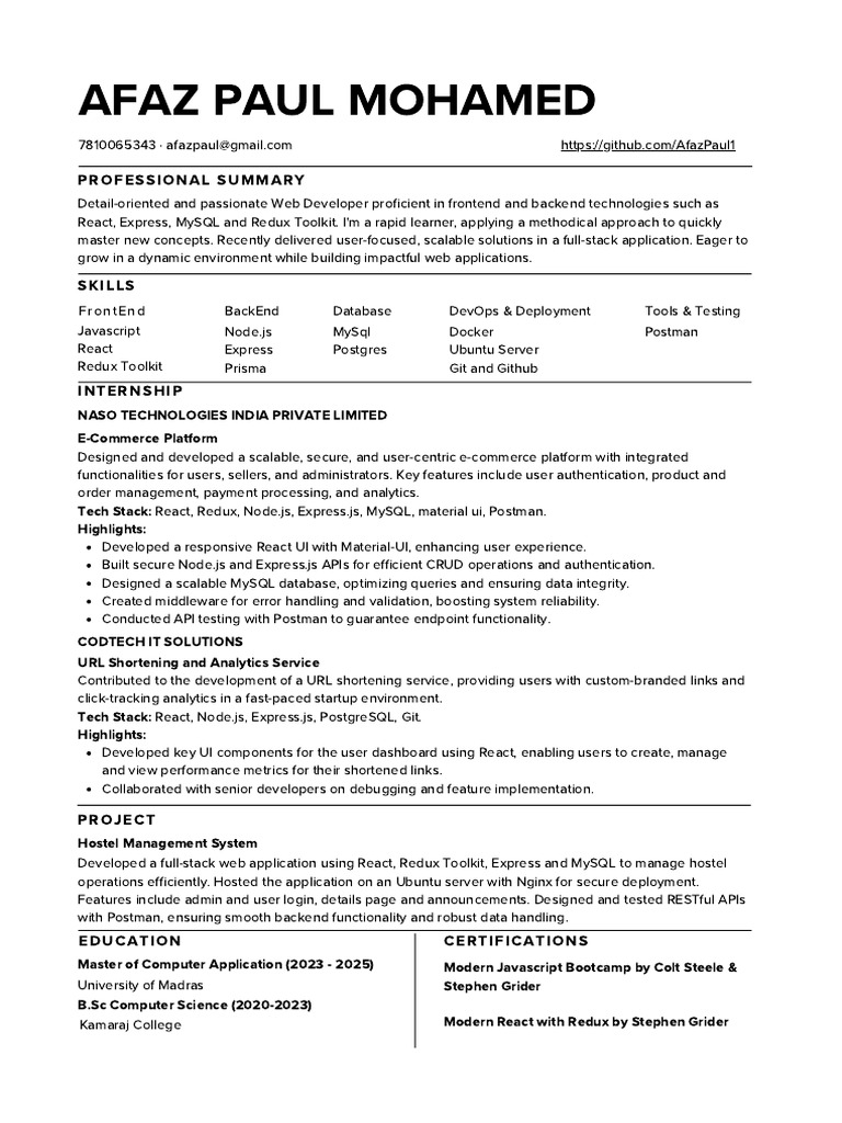Full-Stack Web Developer Portfolio | PDF | My Sql | Postgre Sql