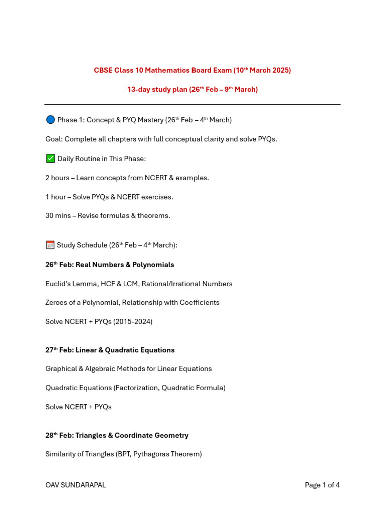 CBSE Class 10 Math Study Plan 2025 | PDF | Quadratic Equation | Equations