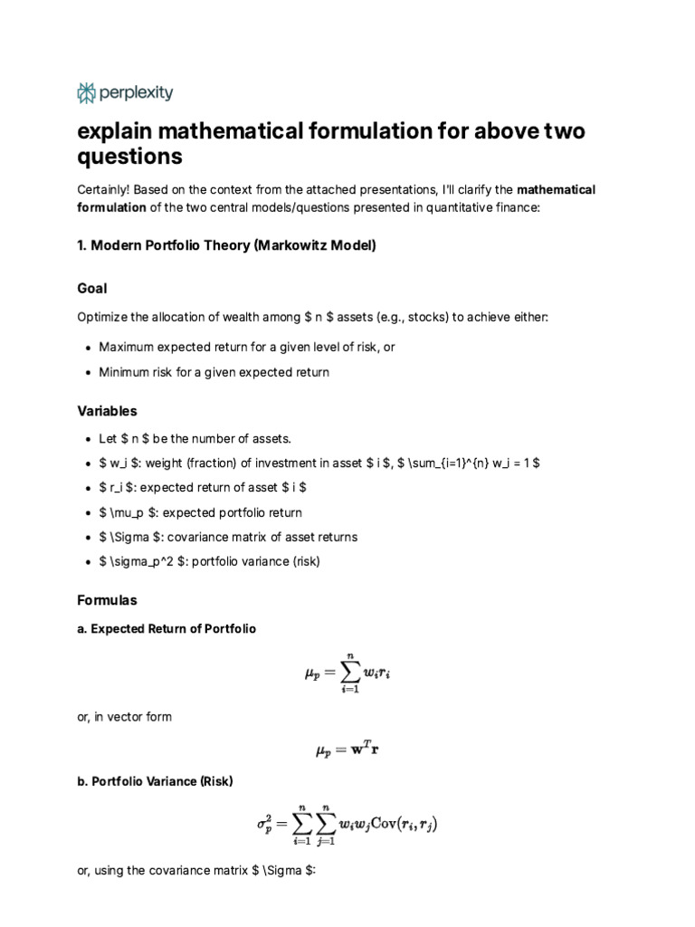 Explain Mathematical Formulation | PDF | Capital Asset Pricing Model ...