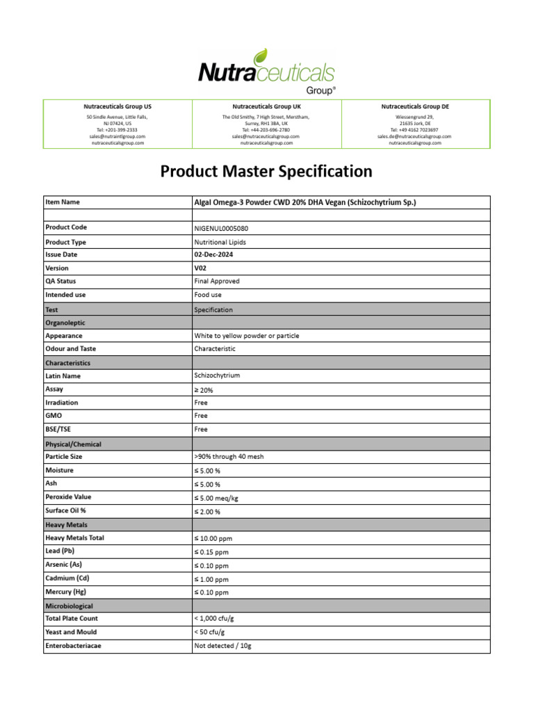 Vegan Algal Omega-3 Powder 20% DHA | PDF | Omega 3 Fatty Acid | Metals