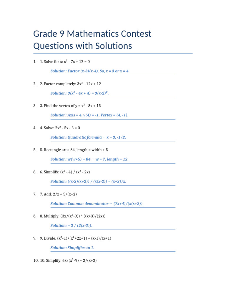 Grade 9 Math Contest Questions & Solutions | PDF