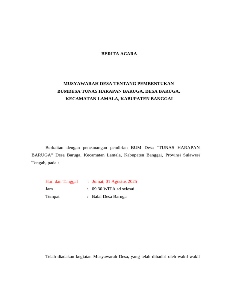 Musyawarah Pembentukan BUMDesa Baruga | PDF