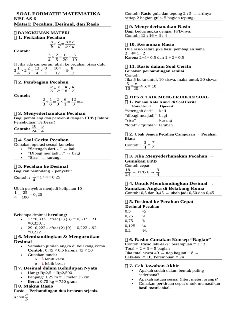 Soal Formatif Pecahan dan Desimal Kelas 6 | PDF