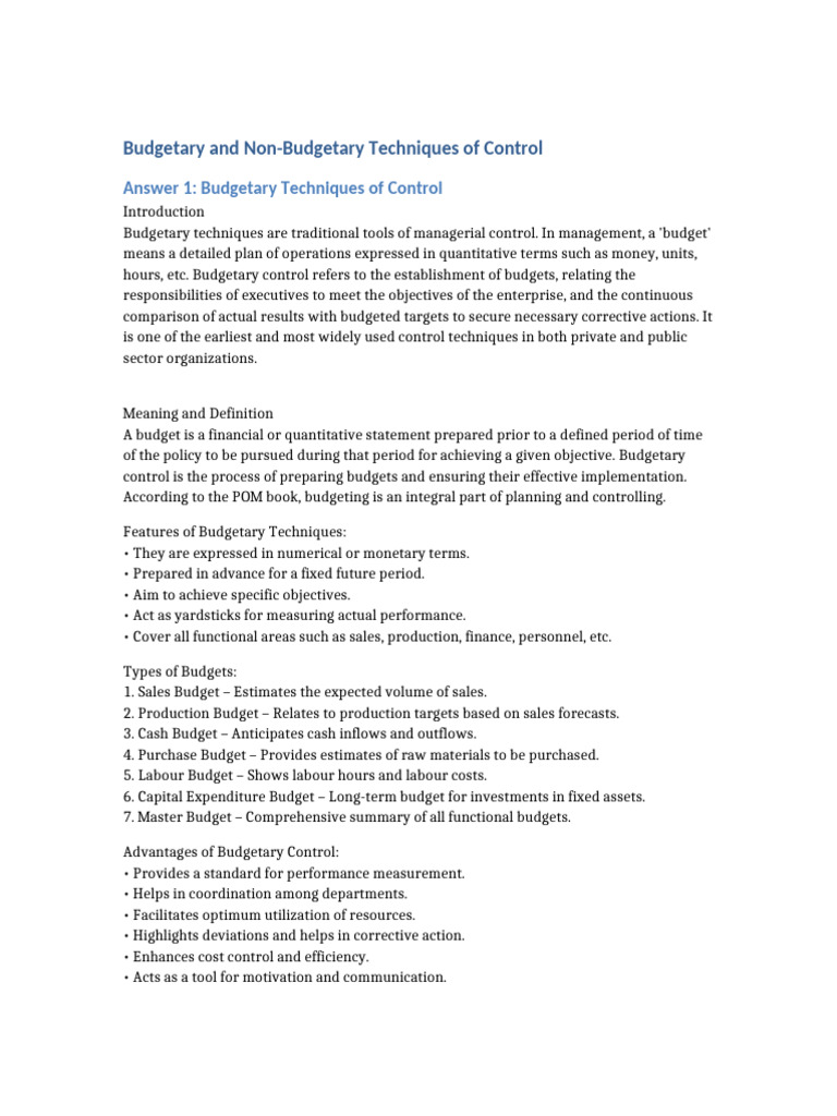 Budgetary vs Non-Budgetary Control Techniques | PDF | Budget | Return ...