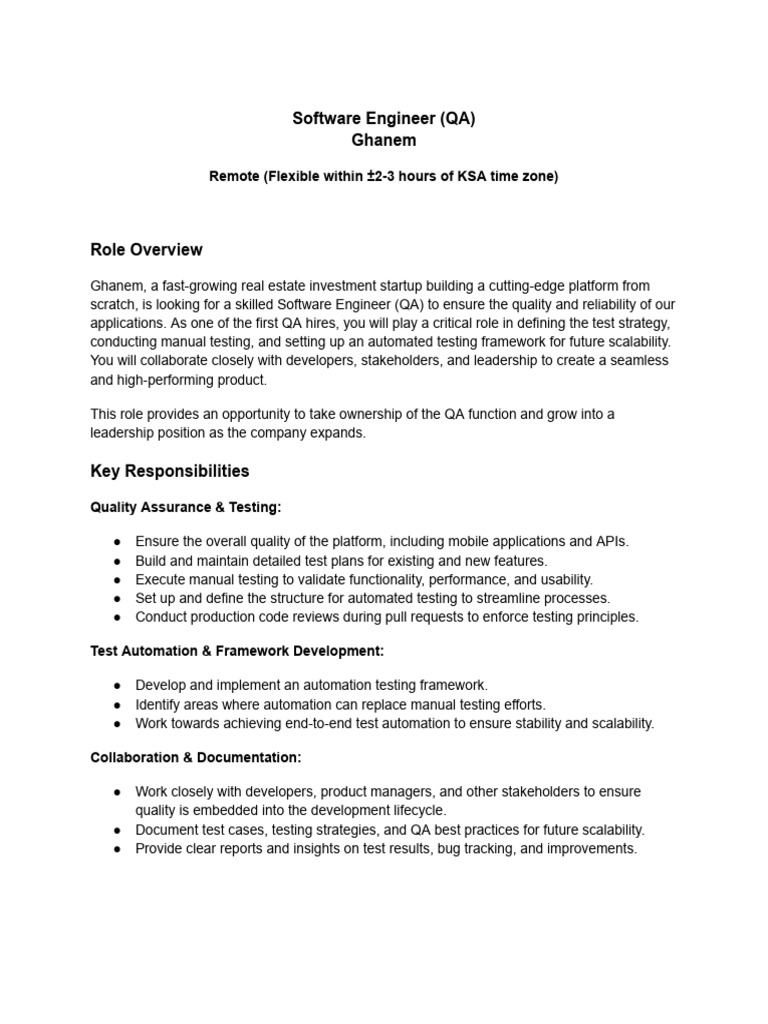 Remote Software Engineer (QA) Role | PDF | Quality Assurance | Software ...