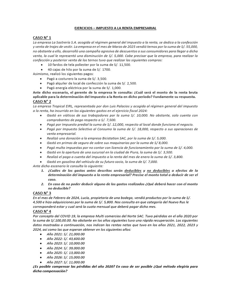Ejercicios sobre Impuesto a la Renta Empresarial | PDF | Economias