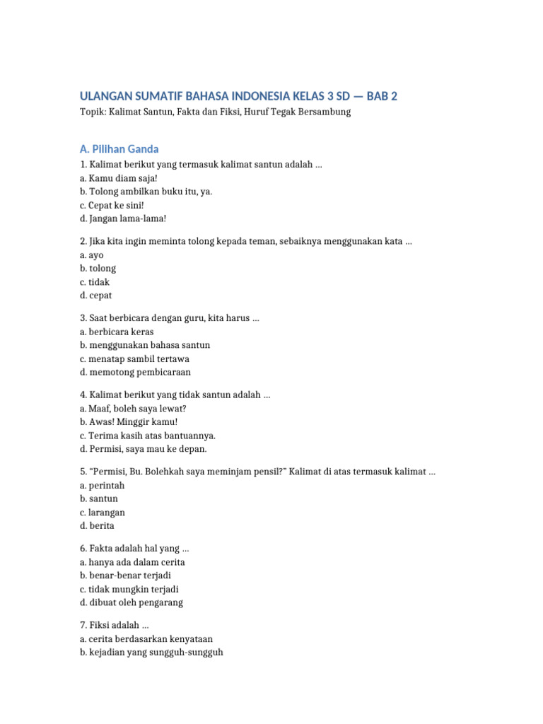 Ulangan Bahasa Indonesia Kelas 3 SD | PDF