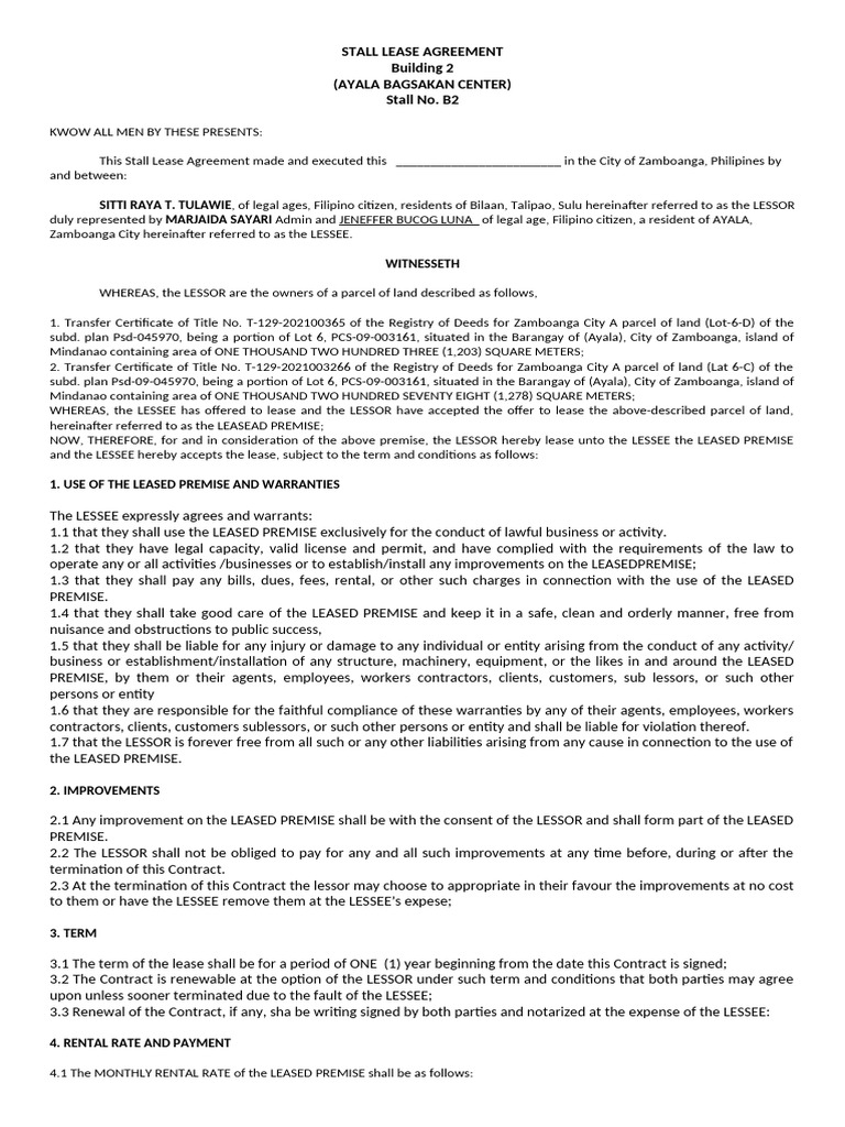 Stall Lease Agreement Template | PDF | Lease | Legal Liability