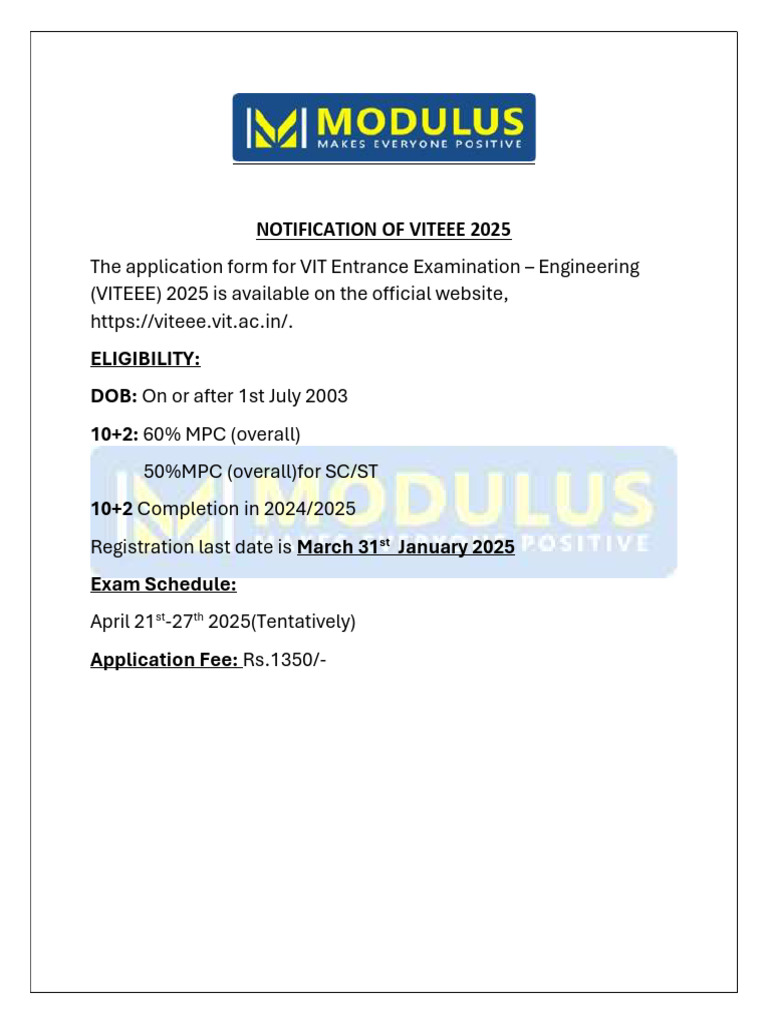 VITEEE 2025 Notification Details | PDF