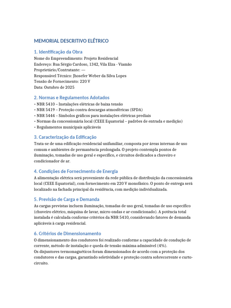 Memorial Descritivo de Projeto Elétrico | PDF | Fiação elétrica ...