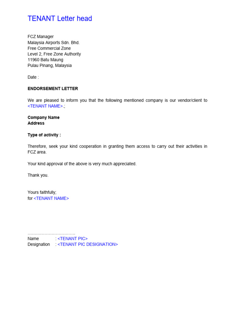 Endorsement Letter for FCZ Access | PDF