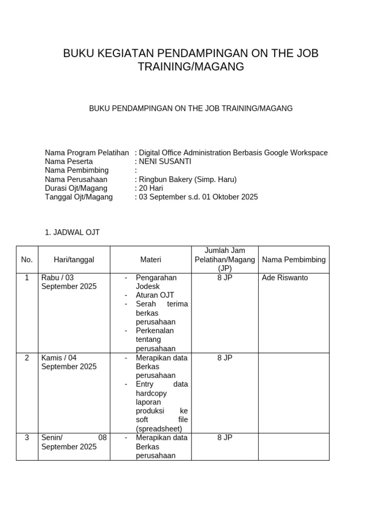 Buku Kegiatan OJT Digital Office 2025 | PDF