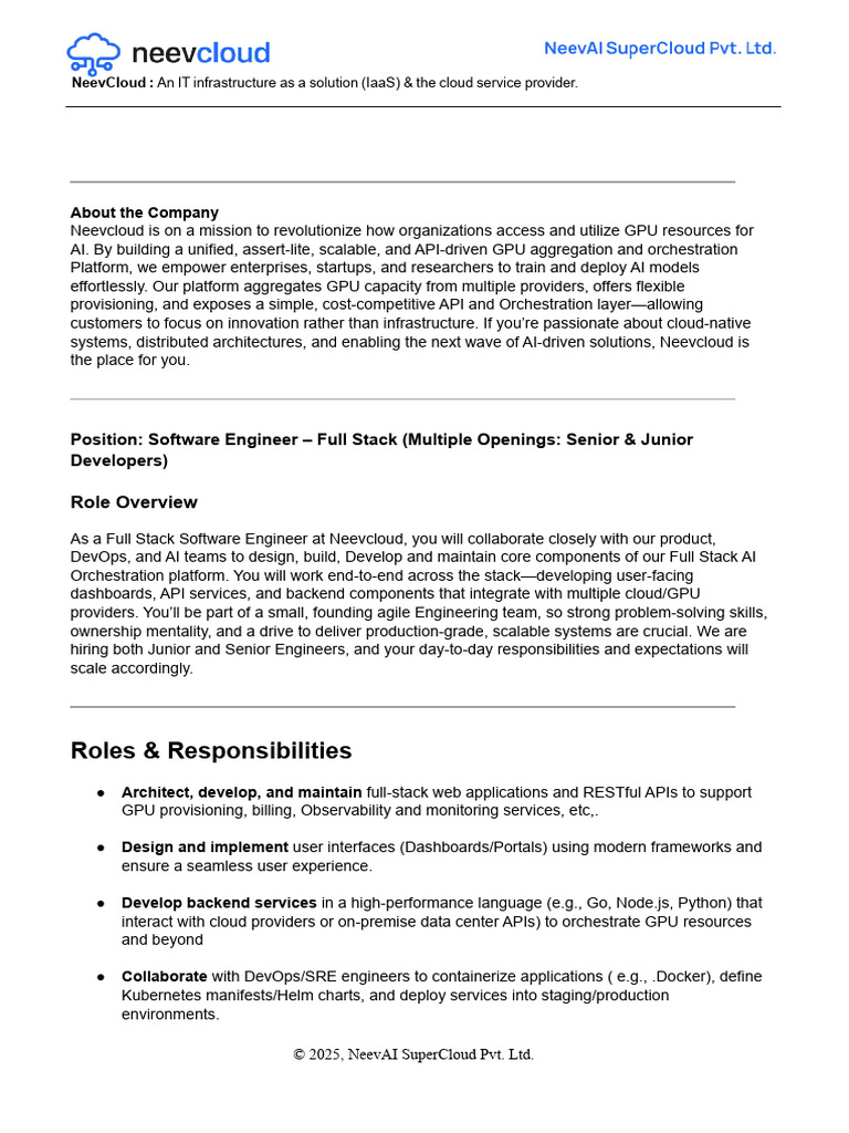 Full Stack Software Engineer Roles at NeevCloud | PDF | Cloud Computing ...
