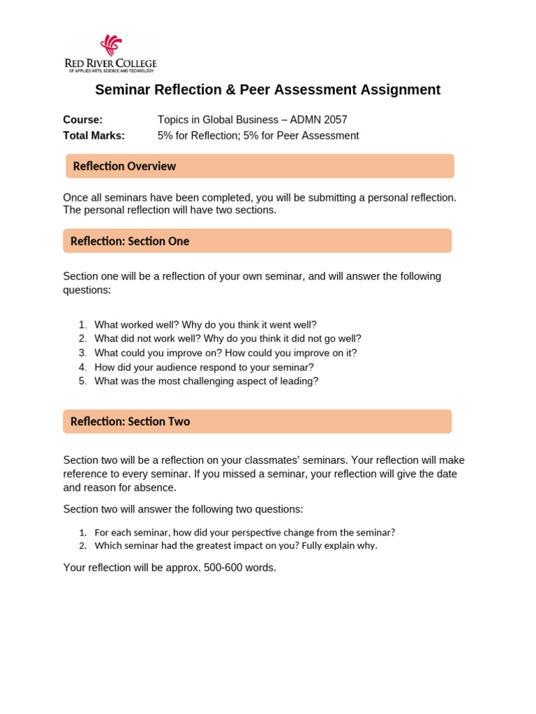 Seminar Reflection and Peer Assessment Guide | PDF | Evaluation ...