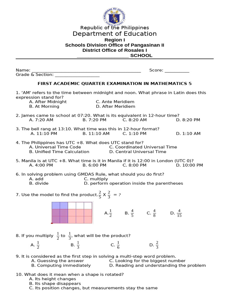 Math Exam for Grade 5 Students | PDF | Area | Mathematics