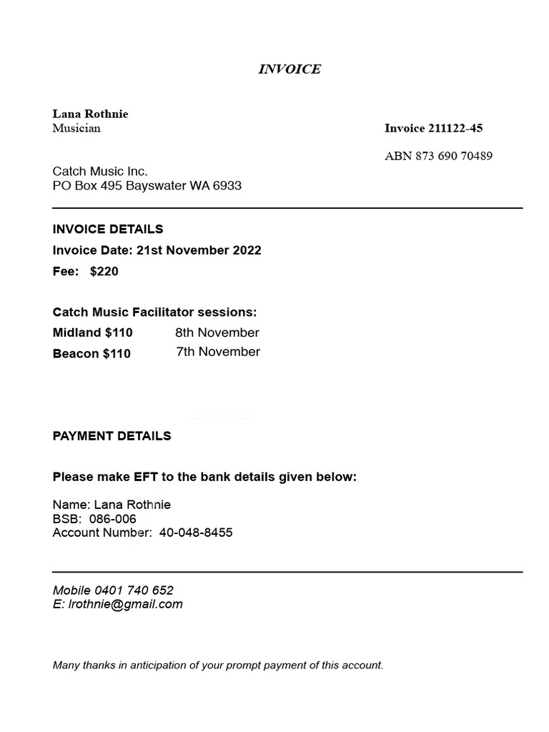 Invoice for Music Services - Lana Rothnie | PDF