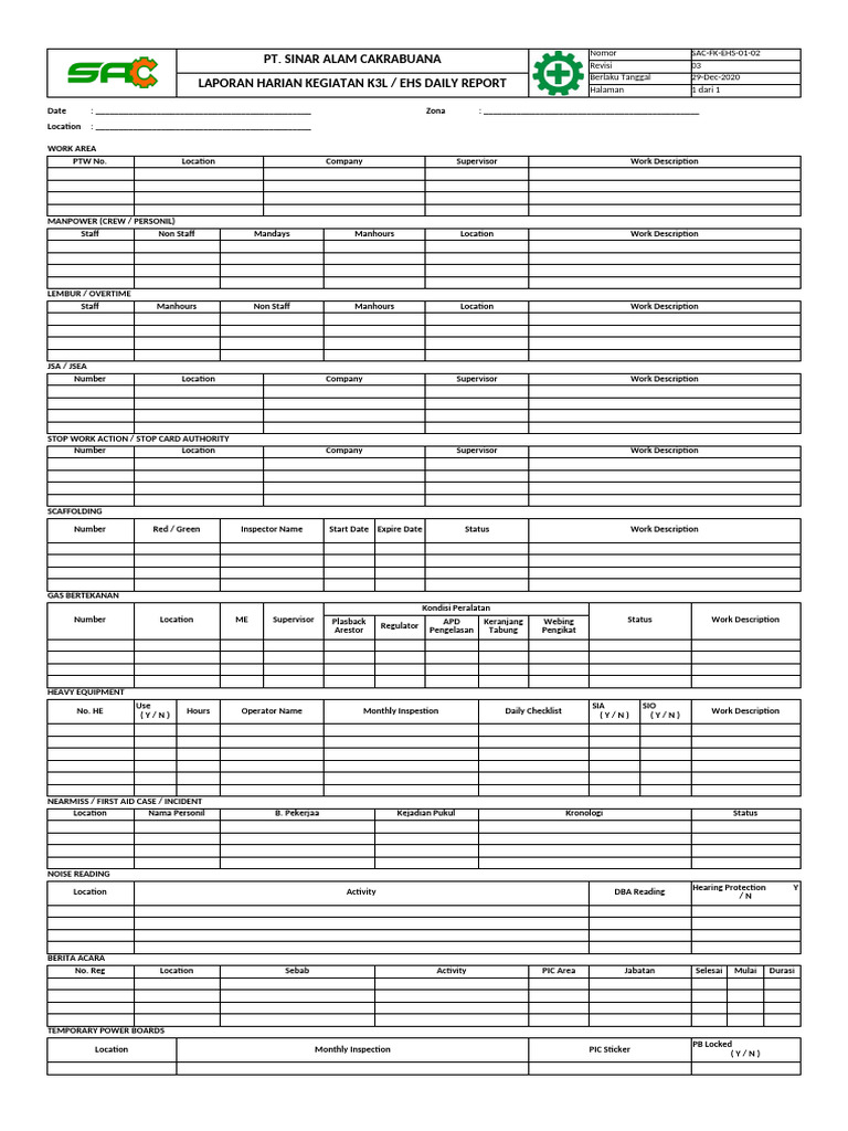 EHS Daily Report for PT Sinar Alam Cakrabuana | PDF | Safety ...