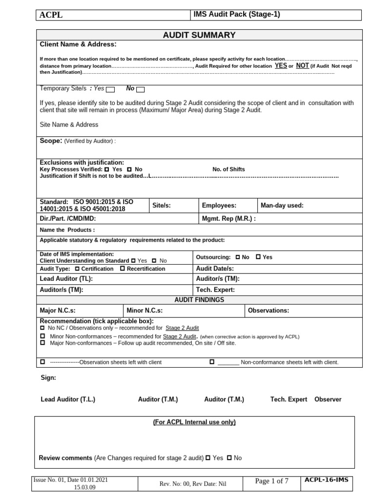 22 IMS (Q, E, O) Stage 1 A Report Rev 02 | PDF | Audit | Occupational ...