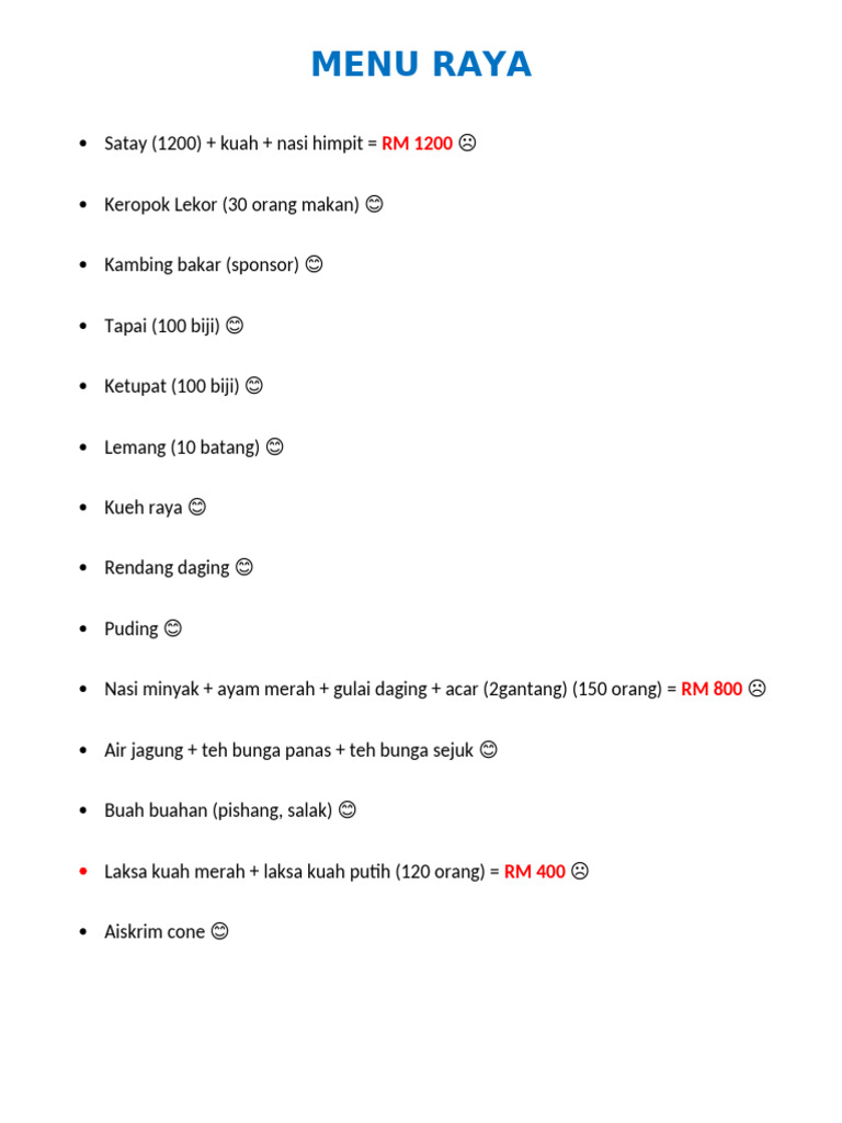 Menu Raya: Hidangan Spesial dan Biaya | PDF