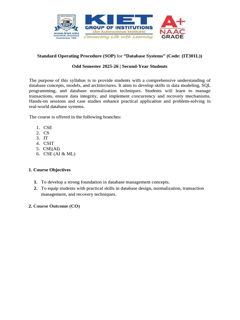 SOP Database Systems Theory (IT 301L) | PDF | Relational Database ...